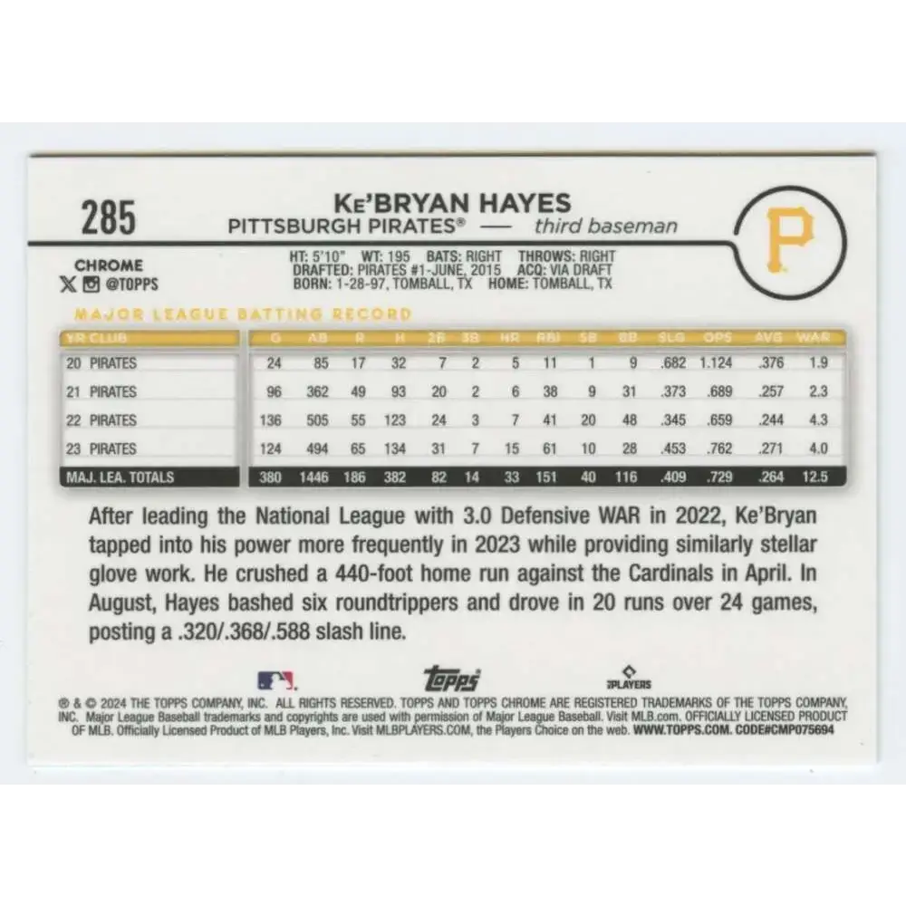 2024 Topps Chrome #285 Ke’Bryan Hayes NM-MT Pittsburgh Pirates Baseball Card - Baseball Card Single