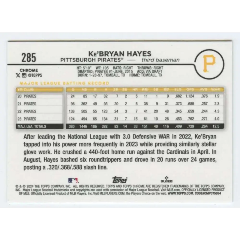 2024 Topps Chrome #285 Ke’Bryan Hayes NM-MT Pittsburgh Pirates Baseball Card - Baseball Card Single