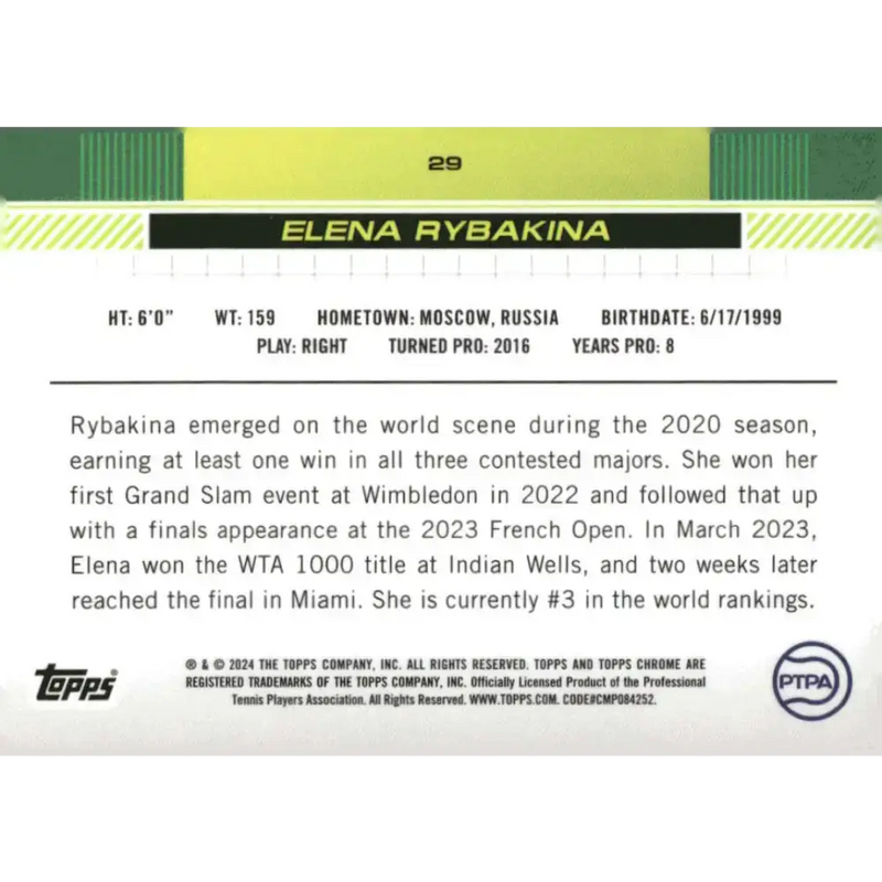 2024 Topps Chrome #29 Elena Rybakina EX Excellent Tennis Card - Sports Memorabilia