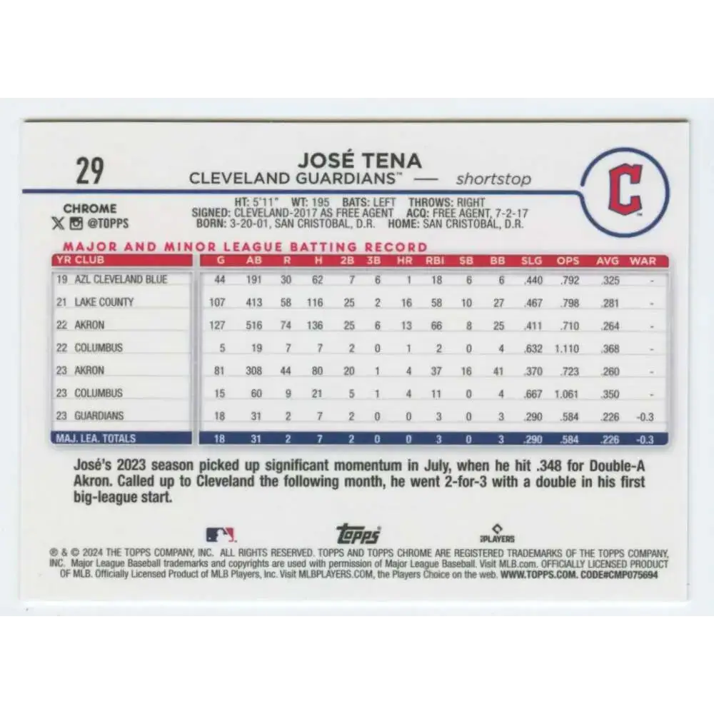 2024 Topps Chrome #29 Jose Tena NM-MT RC Rookie Cleveland Guardians Baseball Card - Baseball Card Single