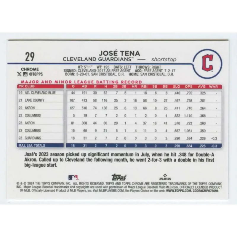 2024 Topps Chrome #29 Jose Tena NM-MT RC Rookie Cleveland Guardians Baseball Card - Baseball Card Single