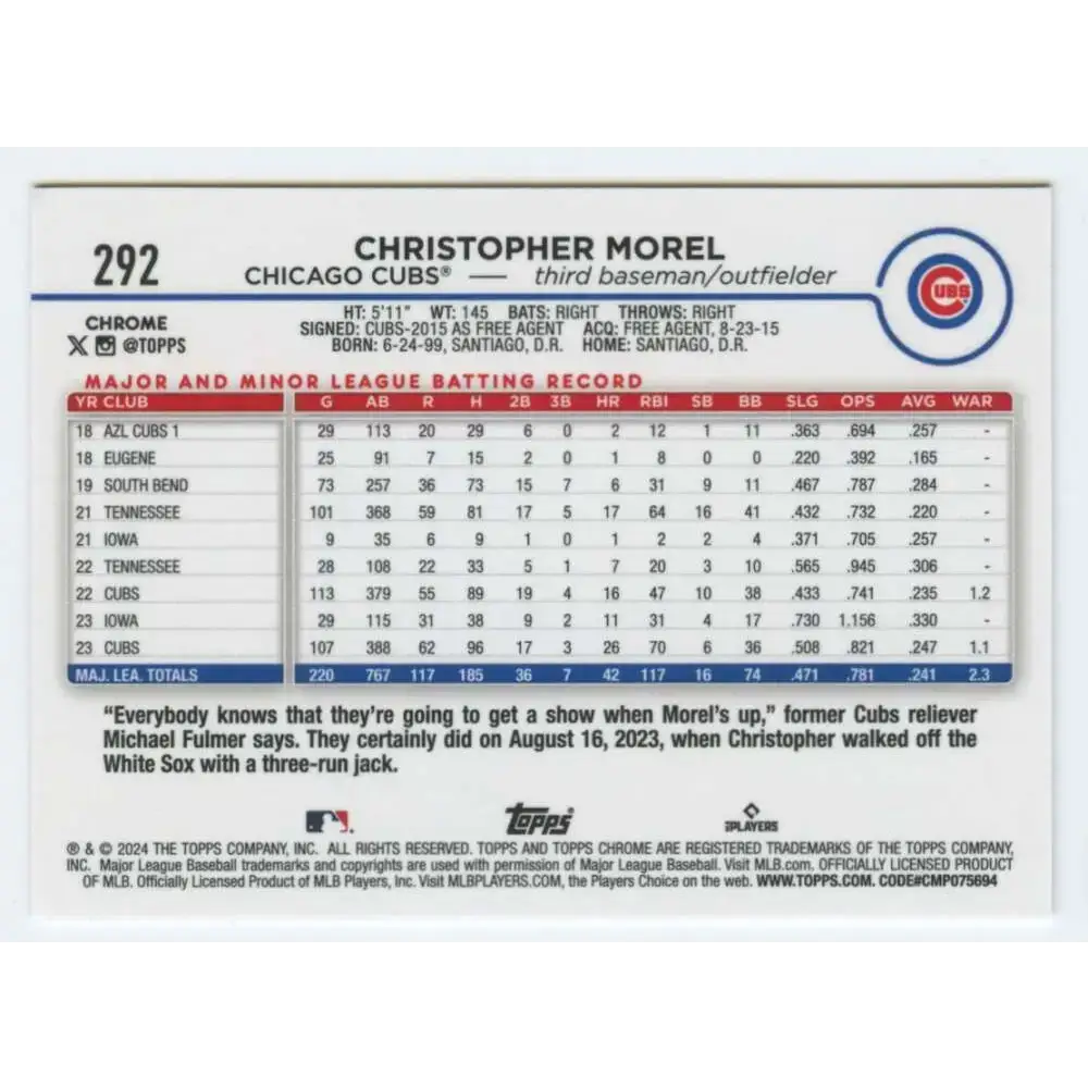 2024 Topps Chrome #292 Christopher Morel NM-MT Chicago Cubs Baseball Card - Baseball Card Single