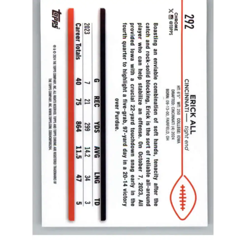 2024 Topps Chrome #292 Erick All NM-MT RC Rookie Cincinnati Bengals Football Card - Football Card Single