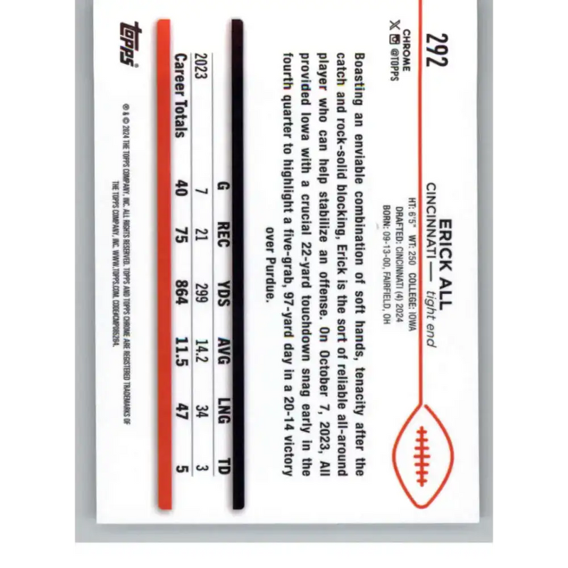 2024 Topps Chrome #292 Erick All NM-MT RC Rookie Cincinnati Bengals Football Card - Football Card Single