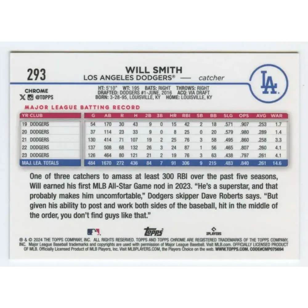 2024 Topps Chrome #293 Will Smith NM-MT Los Angeles Dodgers Baseball Card - Baseball Card Single