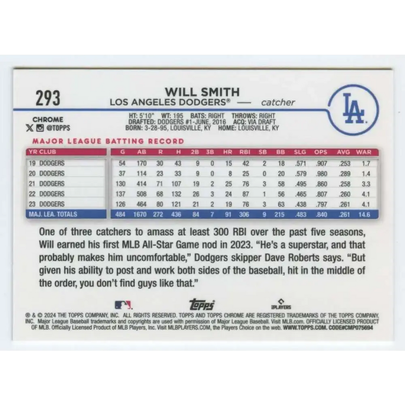 2024 Topps Chrome #293 Will Smith NM-MT Los Angeles Dodgers Baseball Card - Baseball Card Single