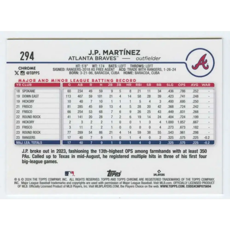 2024 Topps Chrome #294 J.P. Martinez NM-MT RC Rookie Atlanta Braves Baseball Card - Baseball Card Single