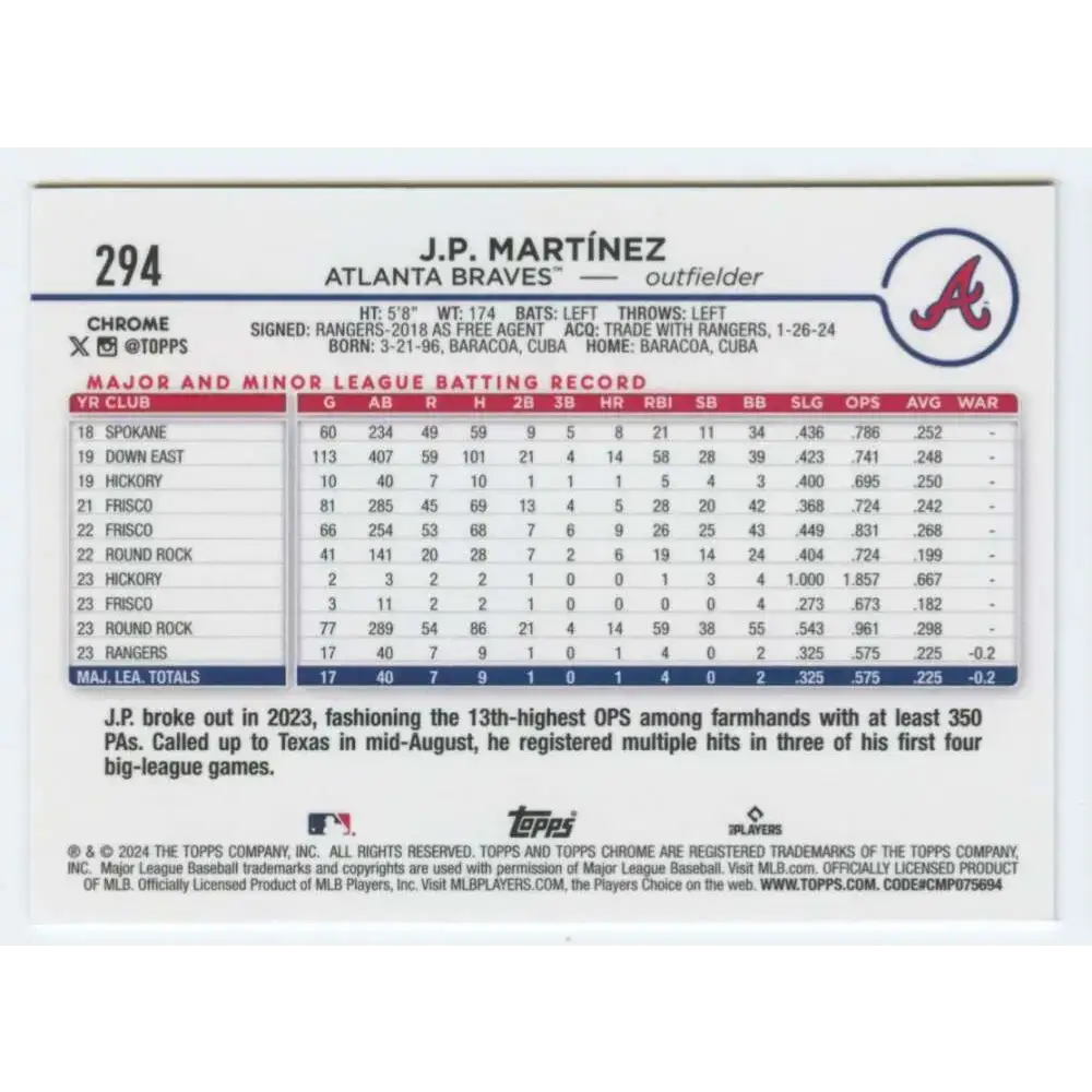 2024 Topps Chrome #294 J.P. Martinez NM-MT RC Rookie Atlanta Braves Baseball Card - Baseball Card Single