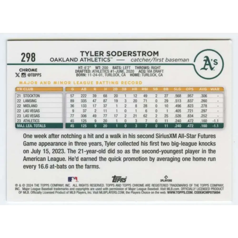 2024 Topps Chrome #298 Tyler Soderstrom NM-MT RC Rookie Oakland Athletics Baseball Card - Baseball Card Single