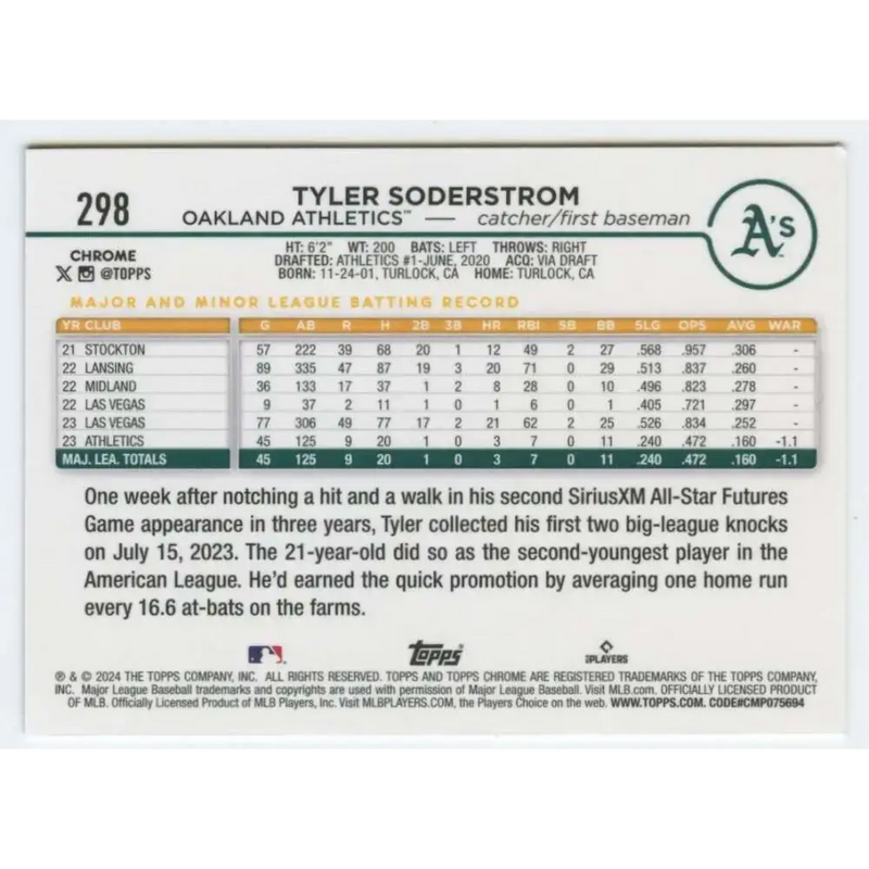 2024 Topps Chrome #298 Tyler Soderstrom NM-MT RC Rookie Oakland Athletics Baseball Card - Baseball Card Single
