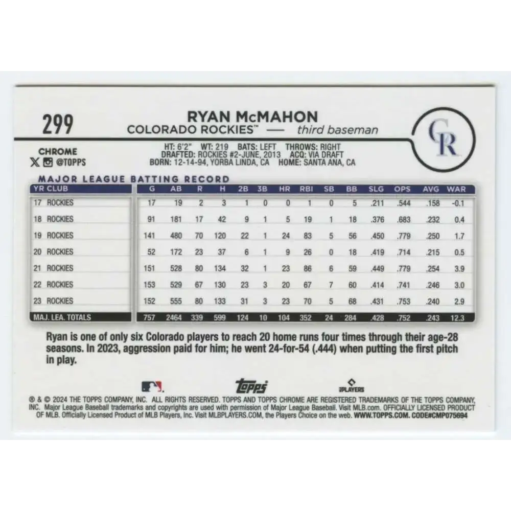 2024 Topps Chrome #299 Ryan McMahon NM-MT Colorado Rockies Baseball Card - Baseball Card Single