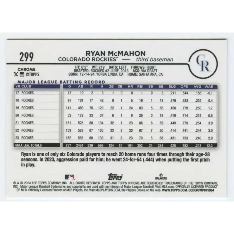 2024 Topps Chrome #299 Ryan McMahon NM-MT Colorado Rockies Baseball Card - Baseball Card Single