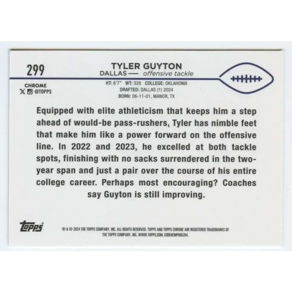 2024 Topps Chrome #299 Tyler Guyton NM-MT RC Rookie Dallas Cowboys Football Card - Football Card Single