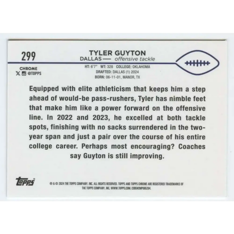 2024 Topps Chrome #299 Tyler Guyton NM-MT RC Rookie Dallas Cowboys Football Card - Football Card Single