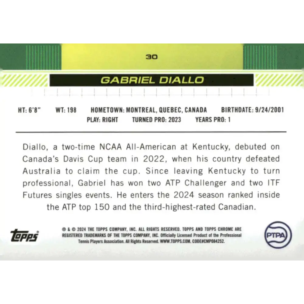2024 Topps Chrome #30 Gabriel Diallo EX Excellent RC Rookie Tennis Card - Tennis Card Single