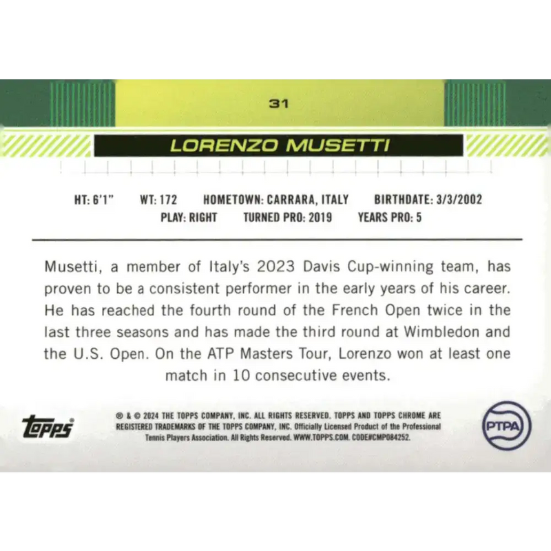 2024 Topps Chrome #31 Lorenzo Musetti EX Excellent Tennis Card - Other