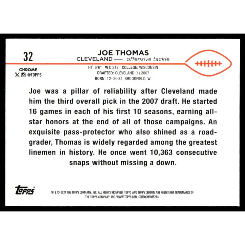2024 Topps Chrome #32 Joe Thomas NM-MT Cleveland Browns Football Card - Football Card Single