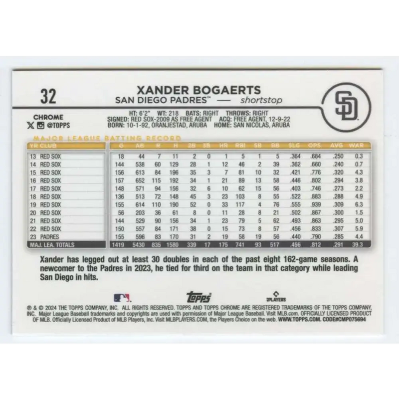 2024 Topps Chrome #32 Xander Bogaerts NM-MT San Diego Padres Baseball Card - Baseball Card Single