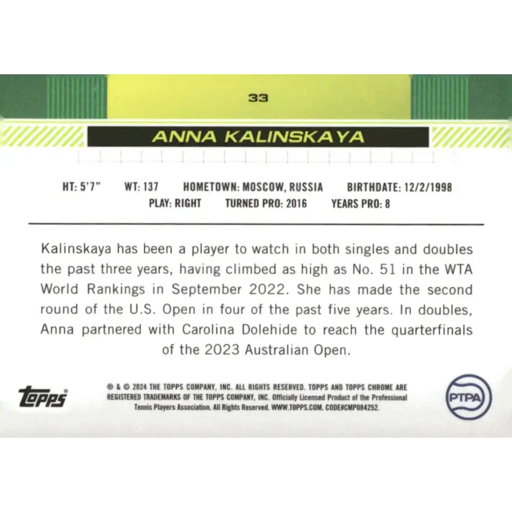 2024 Topps Chrome #33 Anna Kalinskaya EX Excellent Tennis Card - Other