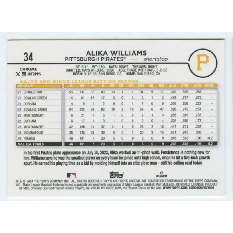 2024 Topps Chrome #34 Alika Williams NM-MT RC Rookie Pittsburgh Pirates Baseball Card - Baseball Card Single