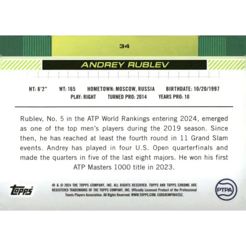 2024 Topps Chrome #34 Andrey Rublev EX Excellent Tennis Card - Other