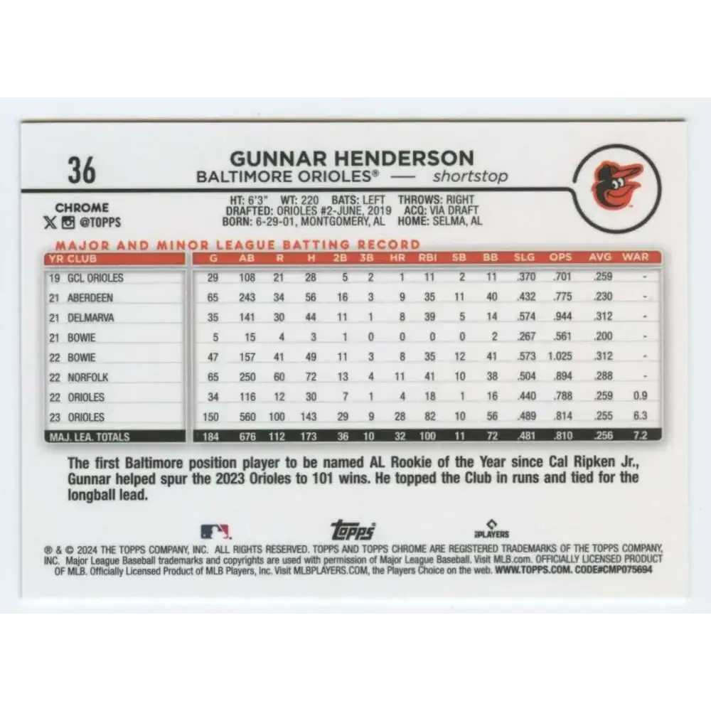 2024 Topps Chrome #36 Gunnar Henderson NM-MT Baltimore Orioles Baseball Card - Baseball Card Single