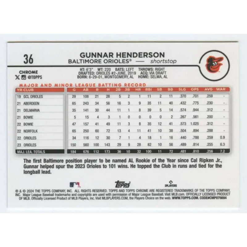 2024 Topps Chrome #36 Gunnar Henderson NM-MT Baltimore Orioles Baseball Card - Baseball Card Single