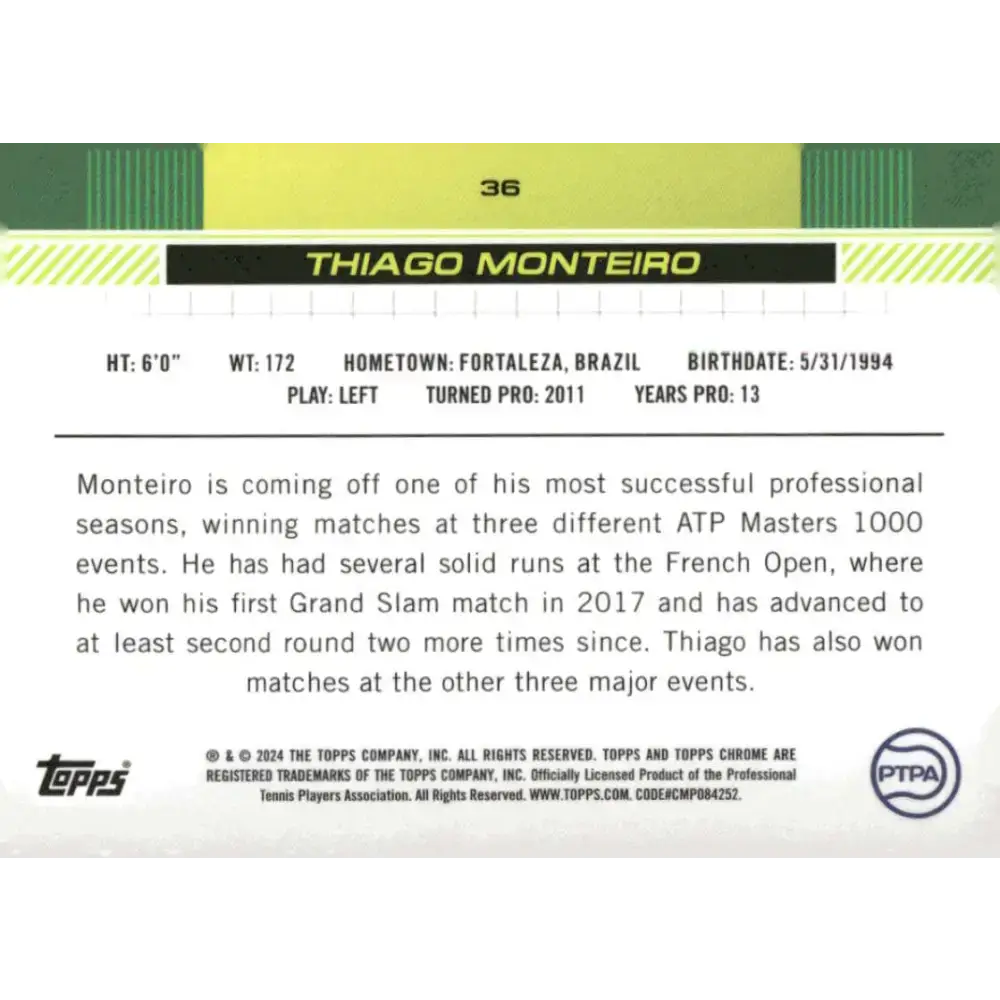 2024 Topps Chrome #36 Thiago Monteiro EX Excellent Tennis Card - Other