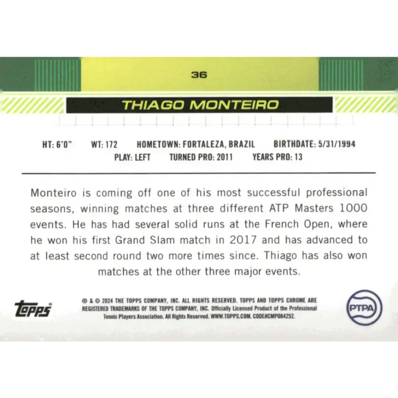 2024 Topps Chrome #36 Thiago Monteiro EX Excellent Tennis Card - Other