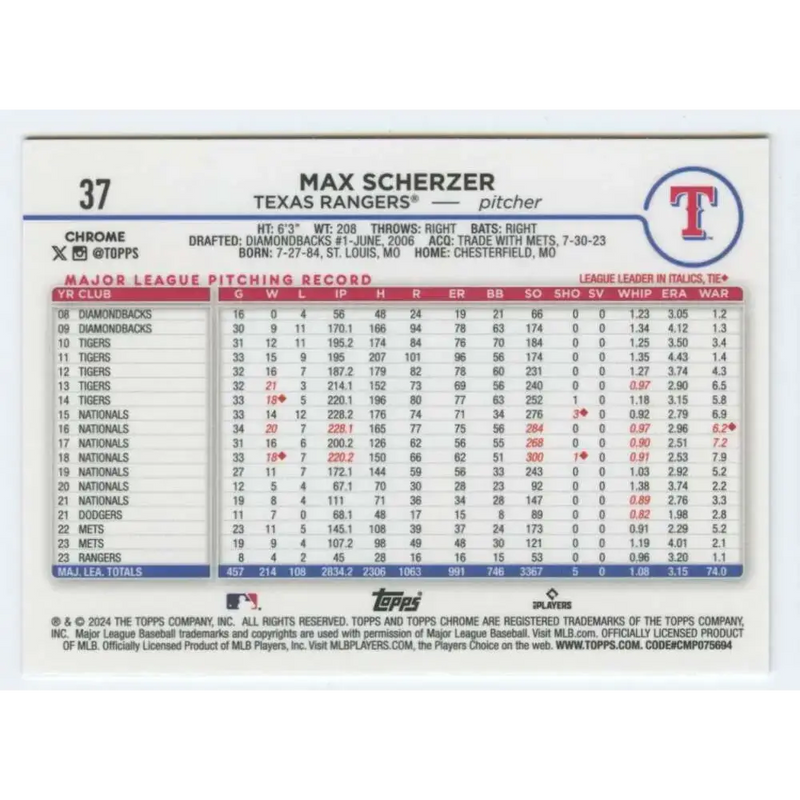 2024 Topps Chrome #37 Max Scherzer NM-MT Texas Rangers Baseball Card - Baseball Card Single