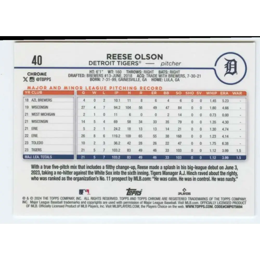 2024 Topps Chrome #40 Reese Olson NM-MT RC Rookie Detroit Tigers Baseball Card - Baseball Card Single