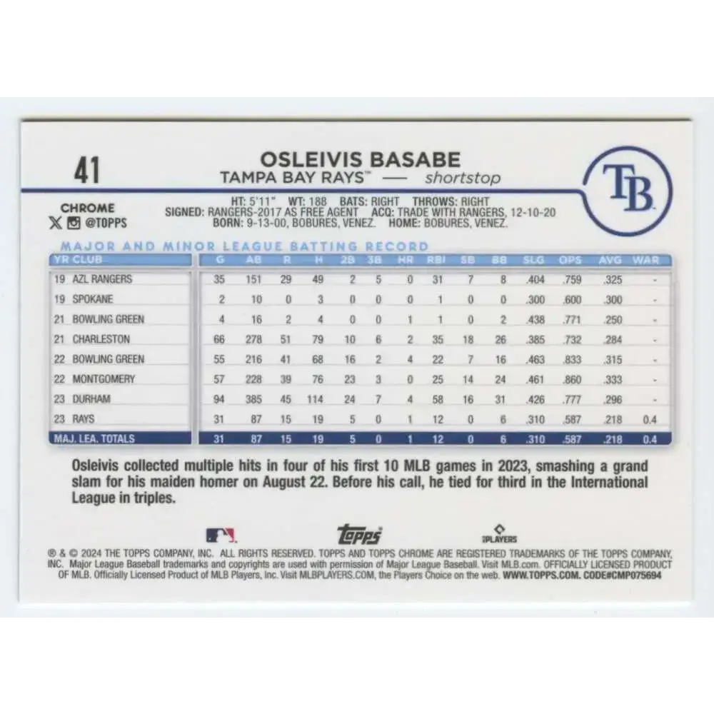 2024 Topps Chrome #41 Osleivis Basabe NM-MT RC Rookie Tampa Bay Rays Baseball Card - Baseball Card Single
