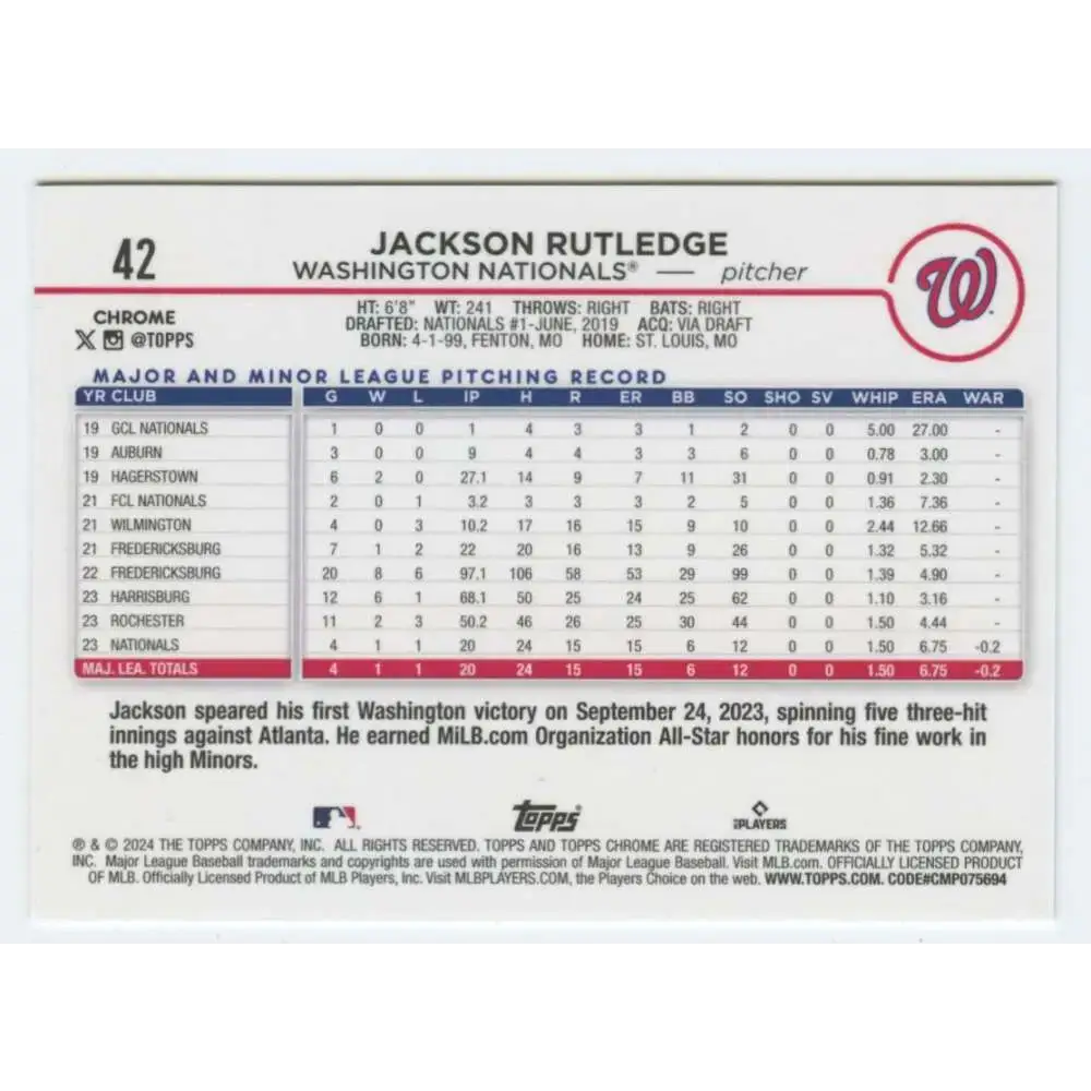 2024 Topps Chrome #42 Jackson Rutledge NM-MT RC Rookie Washington Nationals Baseball Card - Baseball Card Single