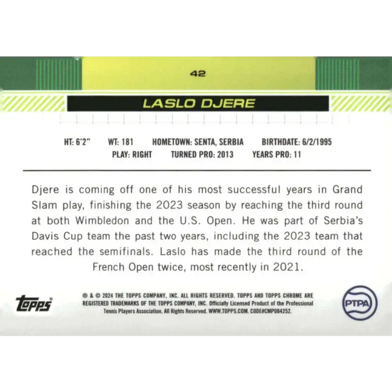 2024 Topps Chrome #42 Laslo Djere EX Excellent Tennis Card - Other