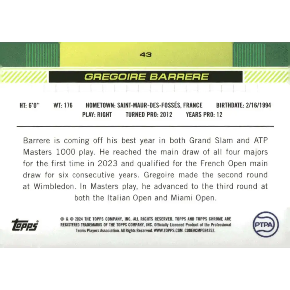 2024 Topps Chrome #43 Gregoire Barrere EX Excellent Tennis Card