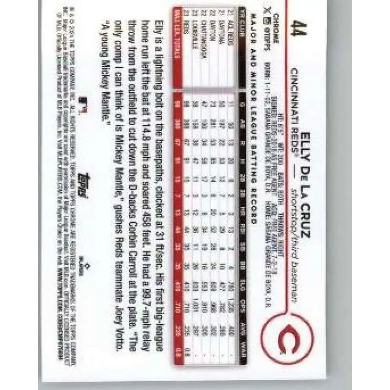 2024 Topps Chrome #44 Elly De La Cruz NM-MT RC Rookie Cincinnati Reds Baseball Card - Baseball Card Single