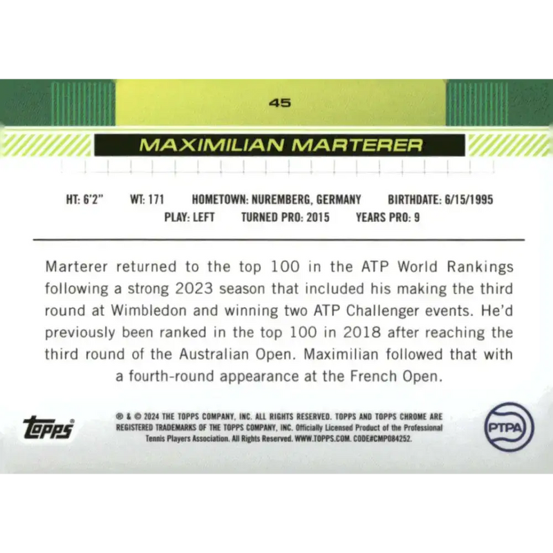 2024 Topps Chrome #45 Maximilian Marterer EX Excellent Tennis Card - Other