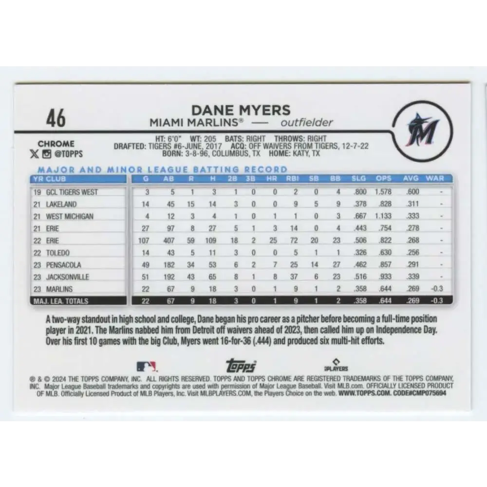 2024 Topps Chrome #46 Dane Myers NM-MT RC Rookie Miami Marlins Baseball Card - Baseball Card Single