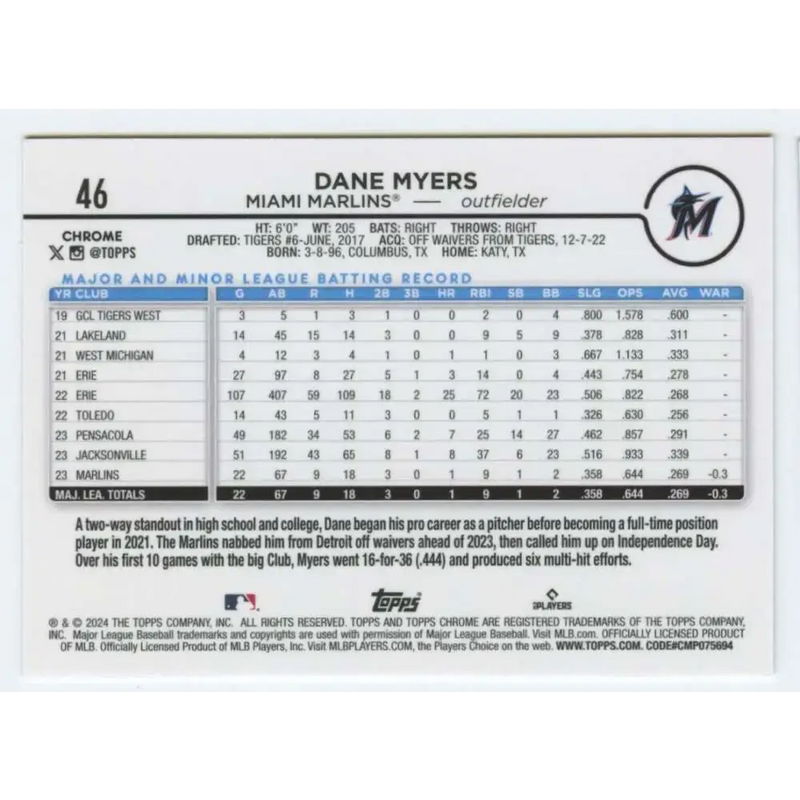 2024 Topps Chrome #46 Dane Myers NM-MT RC Rookie Miami Marlins Baseball Card - Baseball Card Single