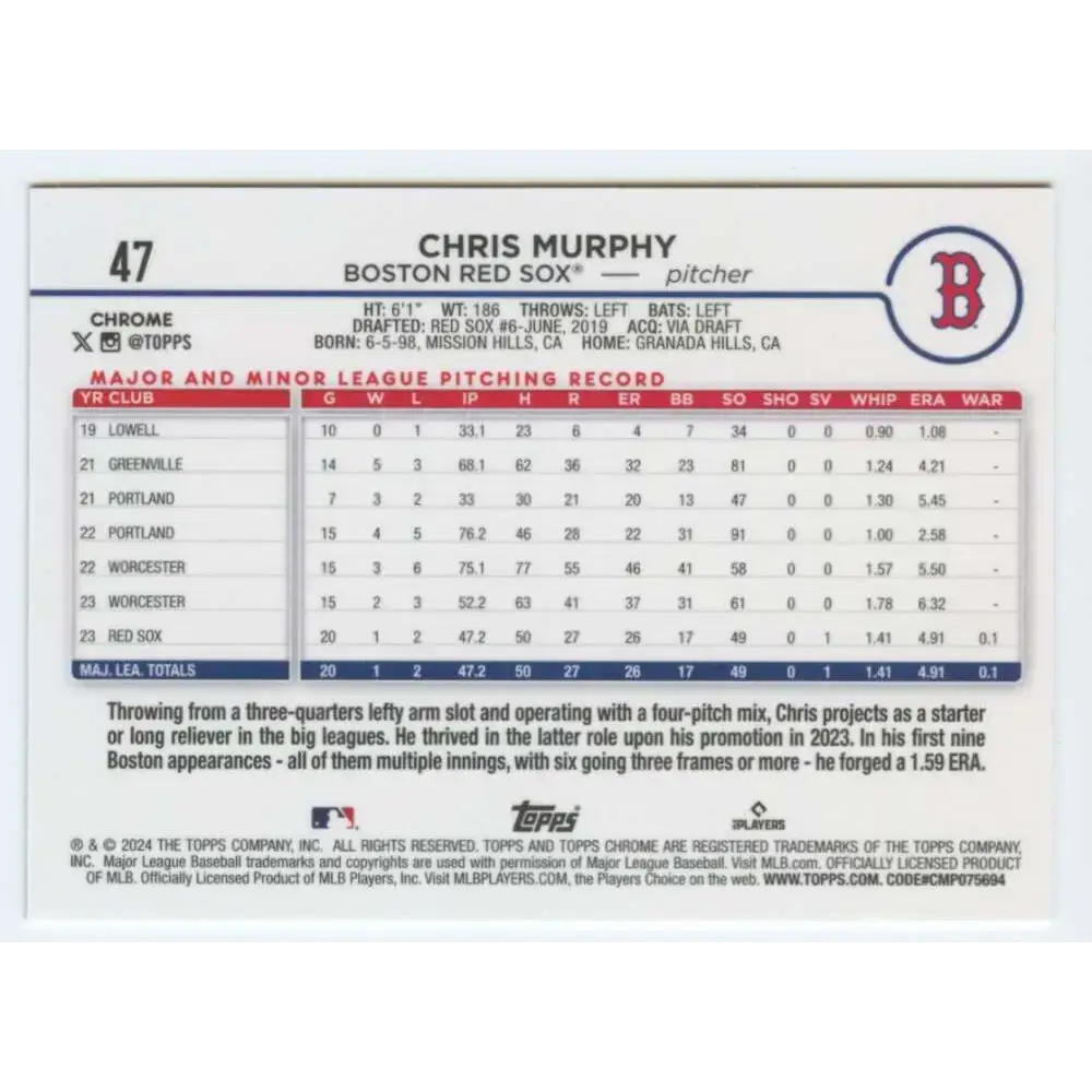 2024 Topps Chrome #47 Chris Murphy NM-MT RC Rookie Boston Red Sox Baseball Card - Baseball Card Single