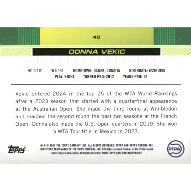 2024 Topps Chrome #48 Donna Vekic EX Excellent Tennis Card - Tennis Card Single