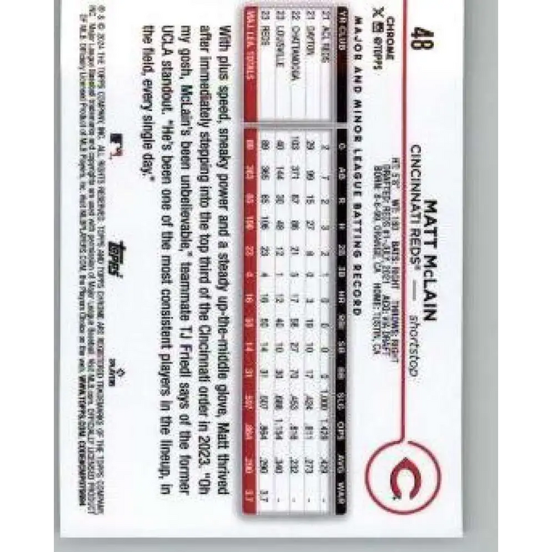2024 Topps Chrome #48 Matt McLain NM-MT Cincinnati Reds Baseball Card - Baseball Card Single
