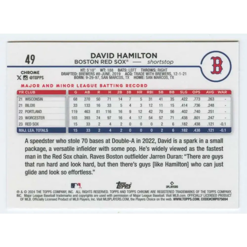 2024 Topps Chrome #49 David Hamilton NM-MT RC Rookie Boston Red Sox Baseball Card - Baseball Card Single