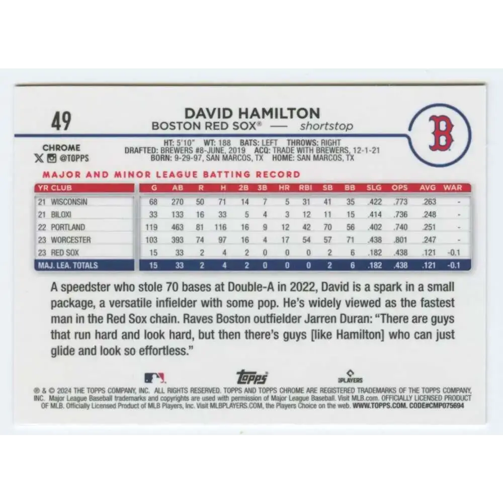 2024 Topps Chrome #49 David Hamilton NM-MT RC Rookie Boston Red Sox Baseball Card - Baseball Card Single