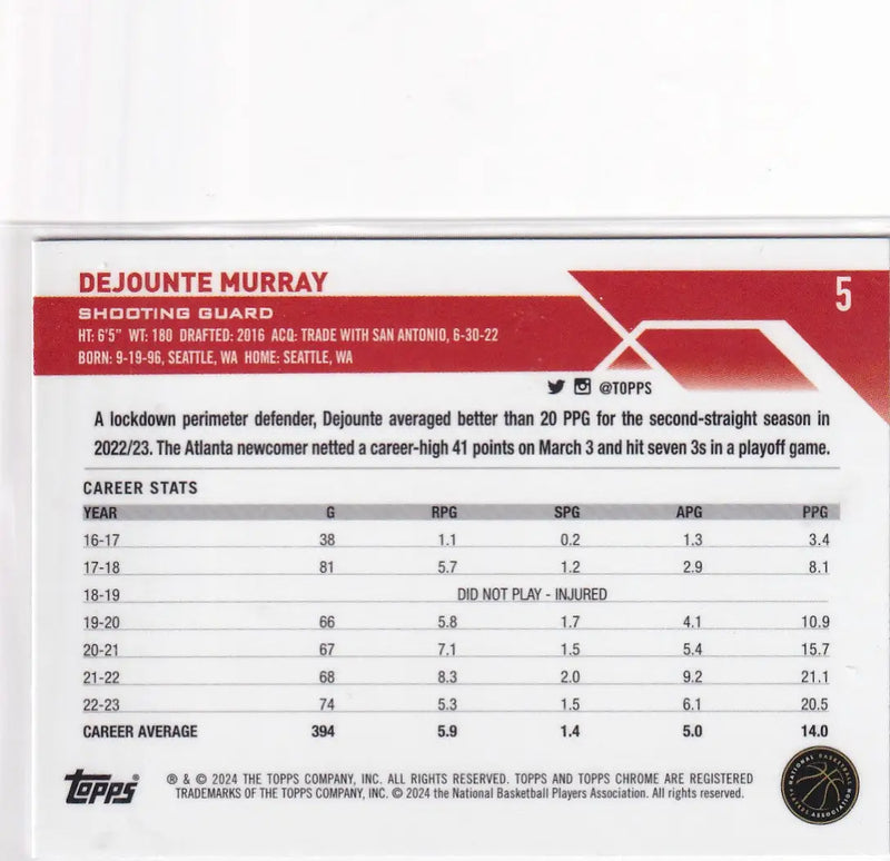 2024 TOPPS CHROME #5 DEJOUNTE MURRAY BLUE HOLO- ATLANTA HAWKS - Basketball Card Single