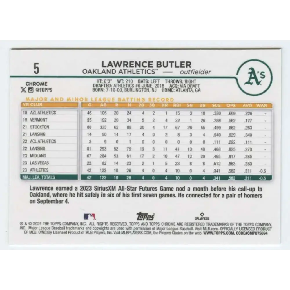 2024 Topps Chrome #5 Lawrence Butler NM-MT RC Rookie Oakland Athletics Baseball Card - Baseball Card Single
