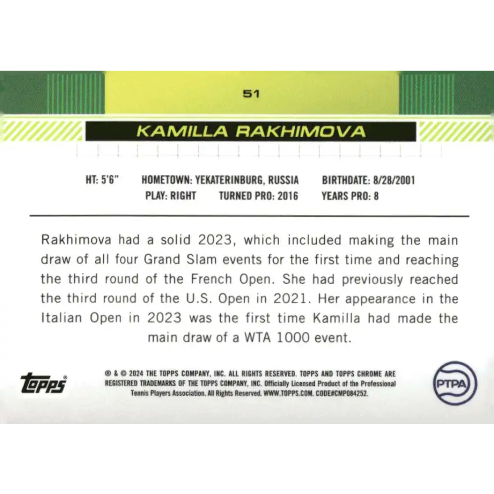 2024 Topps Chrome #51 Kamilla Rakhimova EX Excellent Tennis Card - Tennis Card Single