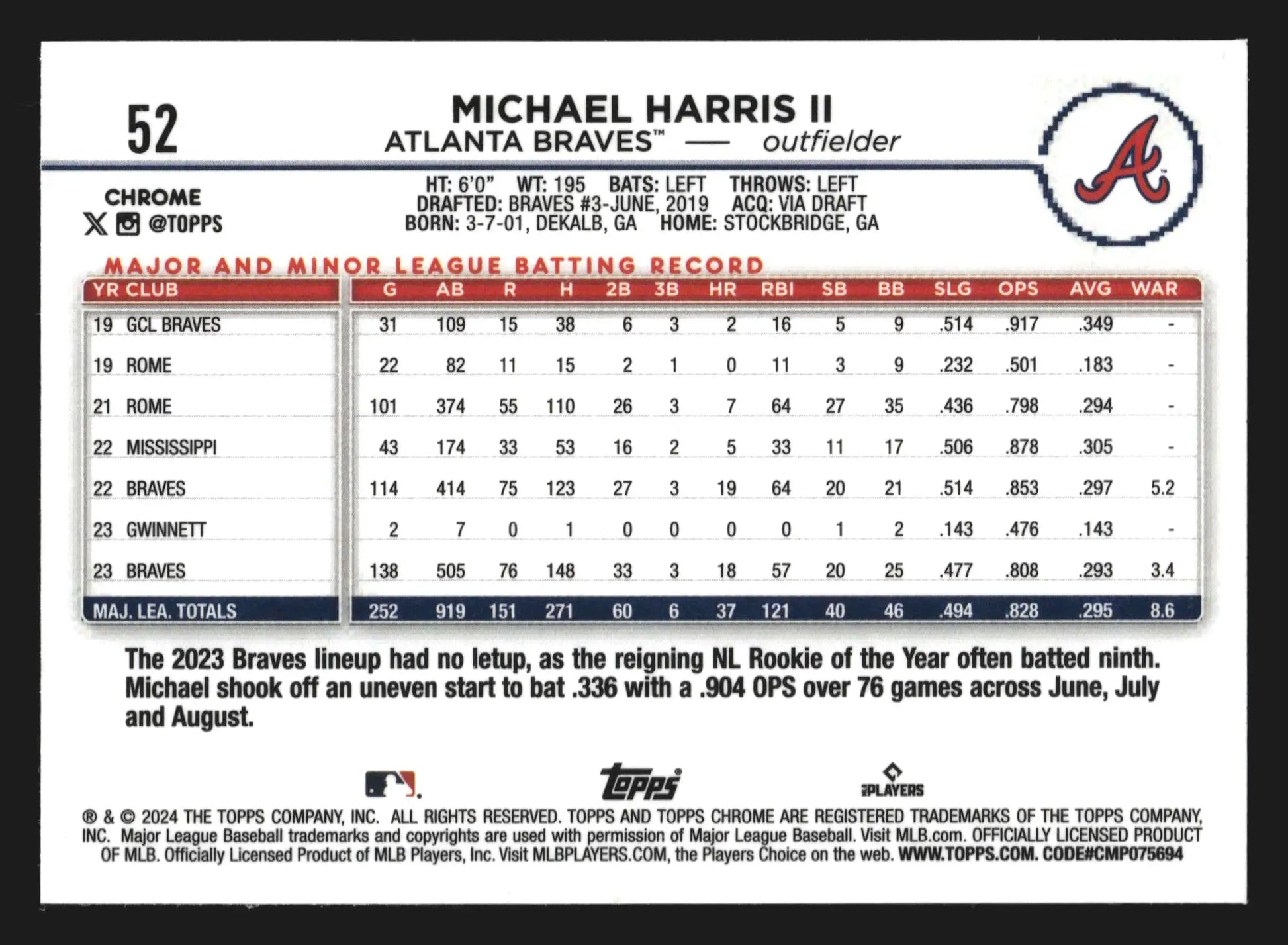 2024 Topps Chrome #52 Michael Harris II Prism Refractor Braves