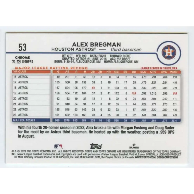 2024 Topps Chrome #53 Alex Bregman NM-MT Houston Astros Baseball Card - Baseball Card Single