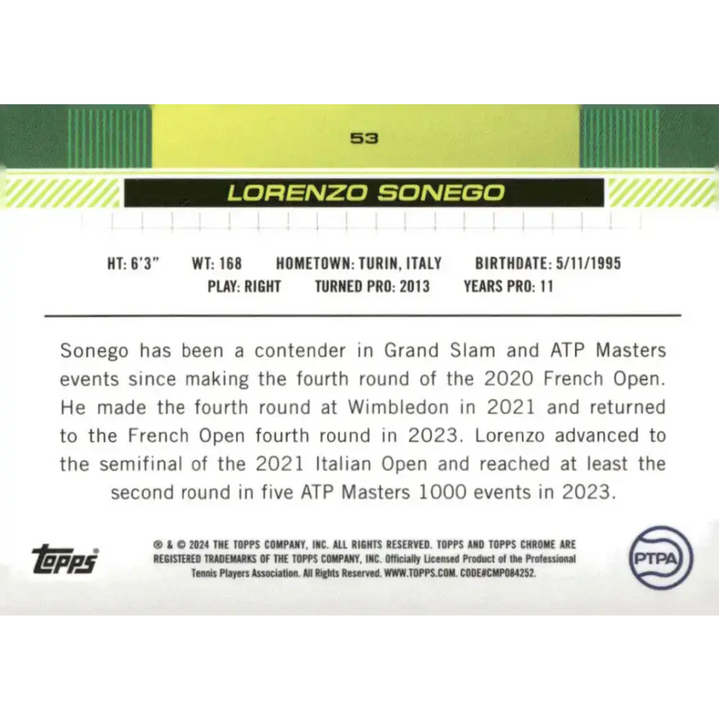 2024 Topps Chrome #53 Lorenzo Sonego EX Excellent Tennis Card - Other